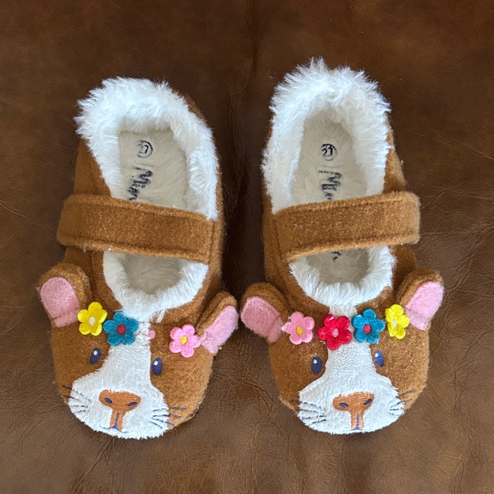 Mini Boden Brown Plush Animal Mary Janes with Colorful Flower Accents